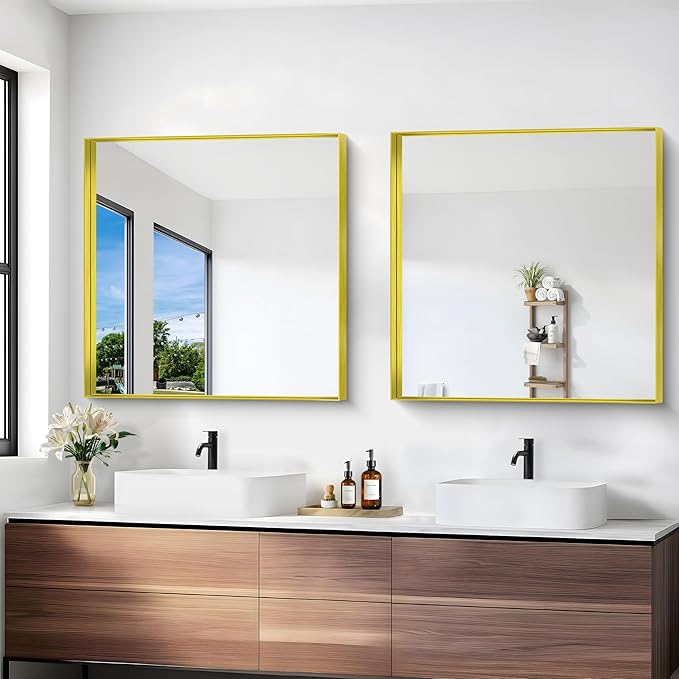 Gold Bathroom Mirror, 30x30 Inch Rectangular Framed Mirror, Large Wall Mounted Bathroom Vanity Mirror Over Sink for Bedroom,Restroom, Living Room, Hangs Vertically or Horizontally-HomvellaHome