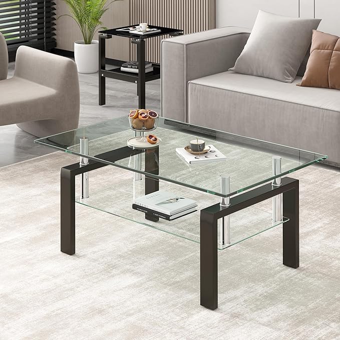 Glass Coffee Table Rectangle Living Room Center Table, with Tempered Glass Tabletop Black Metal Leg,for Living Room and Office (Dou-Clear Glass)-HomvellaHome