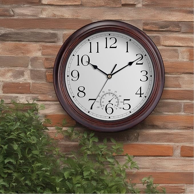 12 Inch Outdoor Wall Clock with Thermometers, Vintage Silent Wall Clocks Battery Operated, Retro Non-Ticking Clock Decorative for Living Room, Patio, Kitchen, Office, Bathroom, Bedroom(Bronze)-HomvellaHome