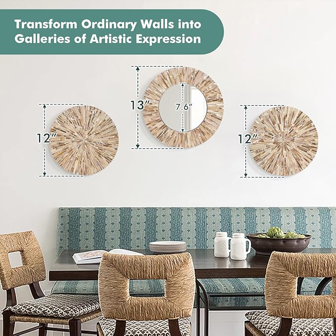 TEIPAI Boho Decorative Mirror for Living Room, 3PCS Handcrafted Mother of Pearl Mirror Wall Decor for Home Dorm Apartment Hallway Staircase, Mosaic Art Plates for Wedding Decoration (Dark Brown)-HomvellaHome