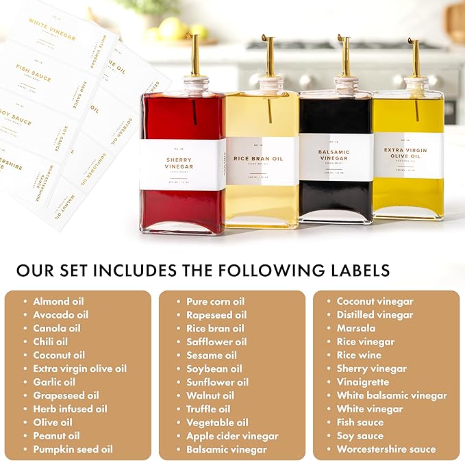 Glass Olive Oil Dispenser Bottle Set [2x12oz]: 36 Premium Gold Labels, Oil Dispenser for kitchen, Vinegar Bottle Set, Glass Dispensers for Soy Sauce, Syrup Bottles | Set of 2-HomvellaHome