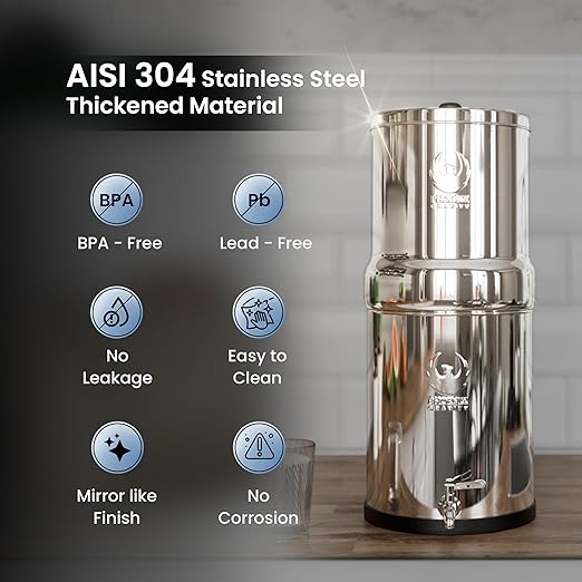 Gravity Water Filter System – 1.5 Gallons NSF Certified AISI 304 Stainless Steel Premium Countertop Water Filtration System with 2 Smart Black Carbon Filters & Stainless Steel Spigot-HomvellaHome