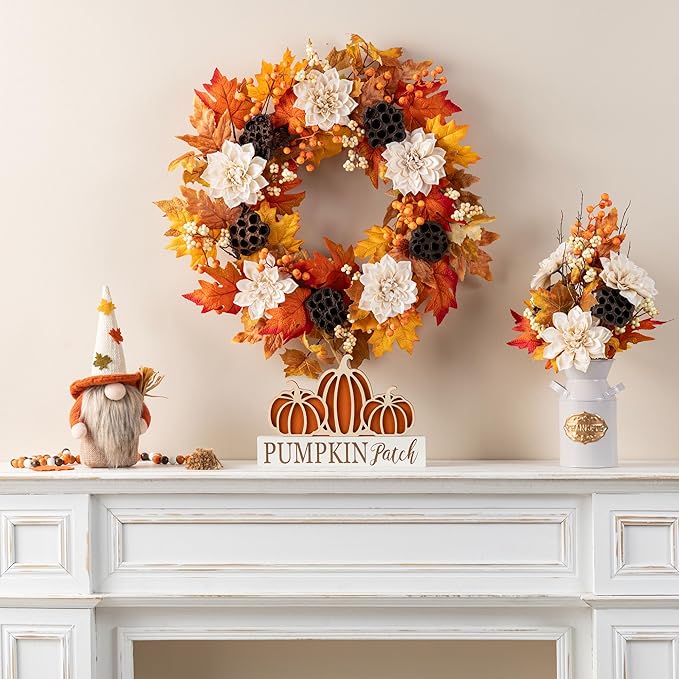 Glitzhome 24" D Fall Sorghum Wreath with Metal Hanger, Harvest Wreath for Front Door, Fall Door Wreaths for Indoor Outdoor Thanksgiving Harvest Holiday Decorations-HomvellaHome