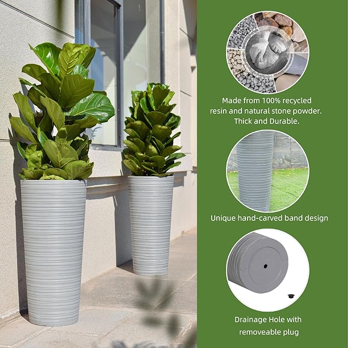 GreenShip 27" Tall Planters, Set of 2 – Black Outdoor Planter for Front Porch & Tall Plants, Weather-Resistant, with Drainage Hole & Rubber Plug (No Plants Included) (Light Gray)-HomvellaHome