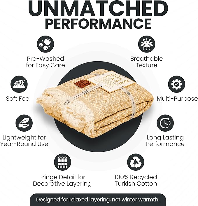 Gold Case Throw Blanket for Couch – 100% Recycled Turkish Cotton Blankets & Throws – Elegant Decorative Throw Blankets for Living Room Sofa – Woven Throws for Couch – Retro Mustard – 50x60-HomvellaHome