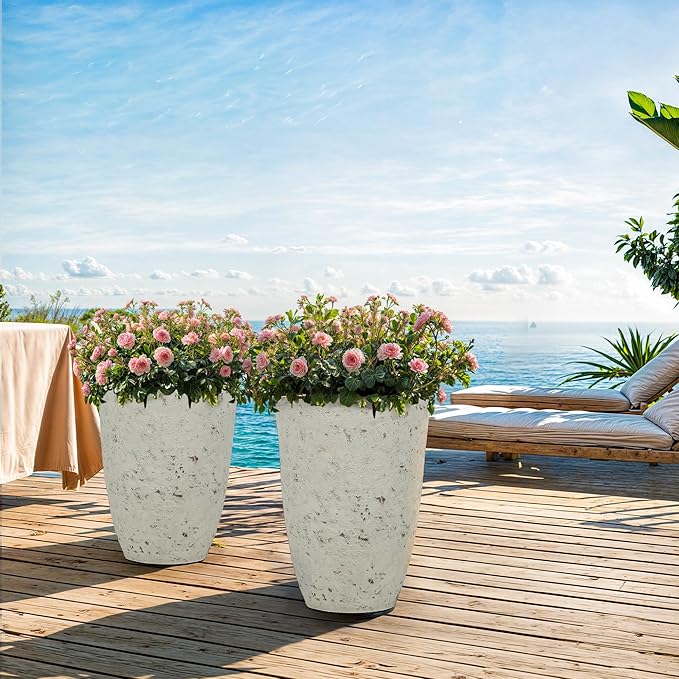 19.5" Resin Tall Planters for Outdoor Plants, Set of 2 Country White Large Flower Pots with Handmade Birch Bark Texture, Heavy-Duty and Weather-Resistant for Year Round Indoor Outdoor use-HomvellaHome