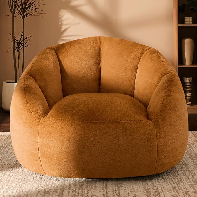 Giant Bean Bag Chair for Adults - Comfy Plush Round Shell Soft Reading Chair, Oversized Cozy Lounge Floor Sofa Accent Chair, Mini Couch for Living Room, Bedroom & Game Rooms, Orange-HomvellaHome