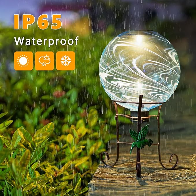 10 Inch Solar Glass Gazing Ball, with 9.4" Tall Metal Gazing Globe Stand, Solar Ball Lights Display Holder Set for Outdoor Garden Lawn Yard Decoration, Blue Water Ripple-HomvellaHome
