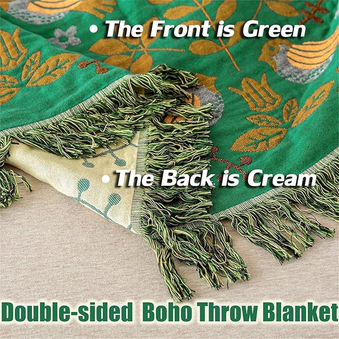 Green Summer Blanket 60''x 80'' Boho Throw Blankets for Couch Bed Chair,100% Cotton Quilts Christmas Warm Soft Blanket Muslin Bed Blankets Farmhouse Decoration-HomvellaHome