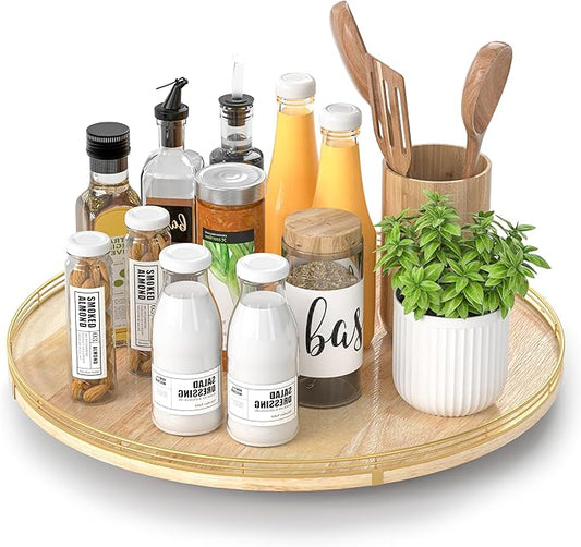 18 Inch Rustic Lazy Susan Turntable – Solid Oak & Iron Wood Rotating Tray for Dining Table, Kitchen Counter, Coffee Table – Farmhouse Style Large Wooden Lazy Susan Organizer for Home Décor-HomvellaHome