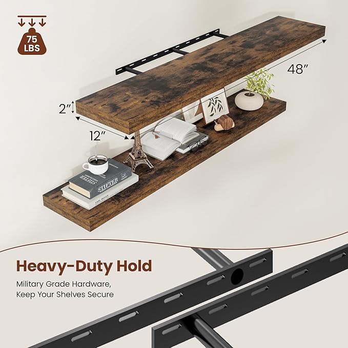 12" Deep Floating Shelves for Wall 48 Inches Long, Heavy Duty Wall Shelves for Bedroom Bathroom Kitchen Laundry Room, Farmhouse Rustic Shelves for Home Decor, 48" X 12" X 2" Set Of 2, Rustic Brown-HomvellaHome