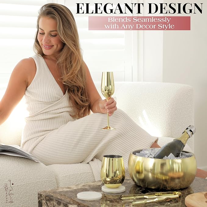 Gusto Nostro 4.1L Insulated Ice Bucket with Lid and Tongs, Double Wall Stainless Steel Ice Bucket Large, BPA Free Ice Bucket for Cocktail Bar, Keeps Champagne, Wine, Beer Chill for Parties (Gold)-HomvellaHome