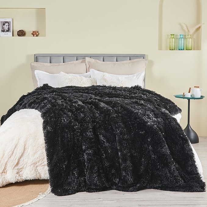 GONAAP Fuzzy Faux Fur Throw Blanket Twin Size Black Super Soft Cozy Plush Fuzzy Shaggy Blanket for Couch Sofa Bed (Black, Twin(60"x80"))-HomvellaHome