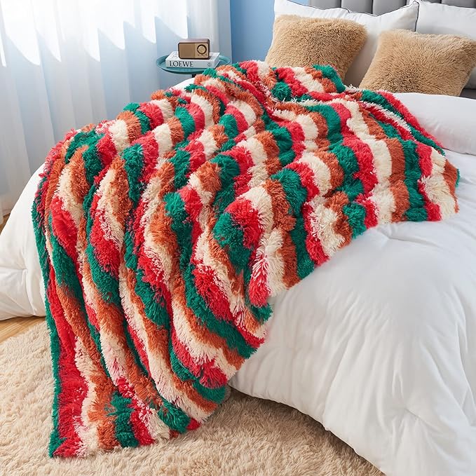 GONAAP Fuzzy Faux Fur Throw Blanket Stripe Red Brown Super Soft Cozy Plush Fuzzy Shaggy Blanket for Couch Sofa Bed (Stripe Red Brown, Throw(50"x60"))-HomvellaHome