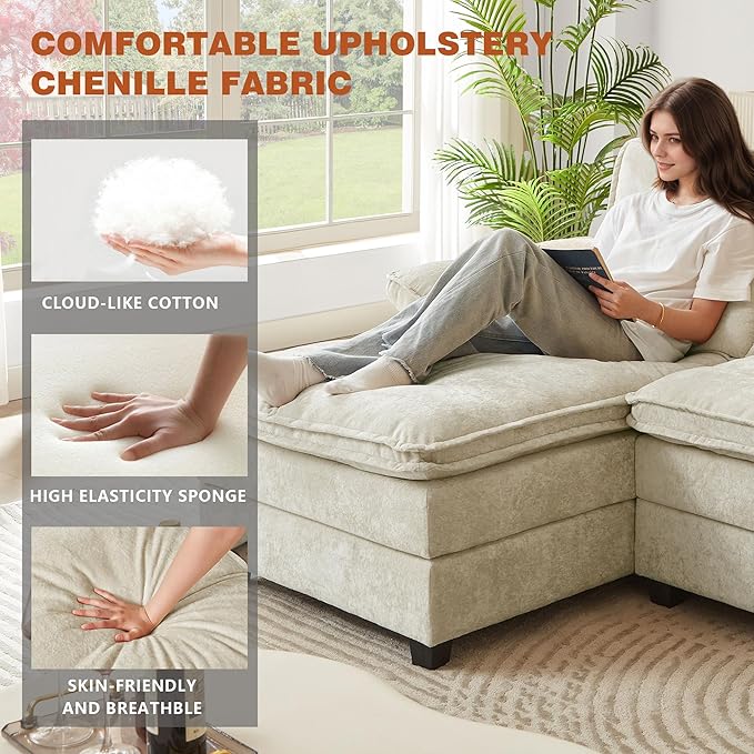 113" Oversized Cloud Couch, U Shape Sectional 4 Seat Sofa with Double Chaises, 2 Layer Cusions, Deep Seat Comfy Sofa, Upholstery Chenille Fabric for Living Room, Beige-HomvellaHome