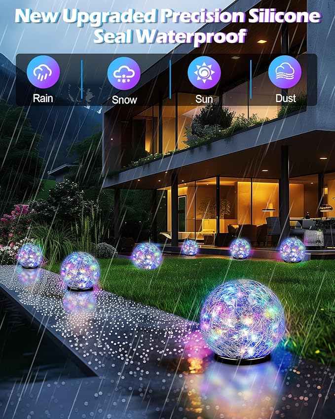 Garden Solar Ball Lights Outdoor Waterproof, 50 LED Cracked Glass Globe Solar Power Ground Lights for Path Yard Patio Lawn, Outdoor Decoration Landscape Colorful(2 Pack 4.7'')-HomvellaHome