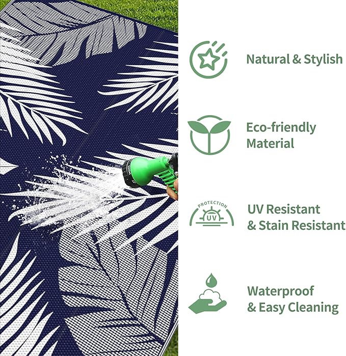 GENIMO Outdoor Rug 2.5' x 8' Waterproof for Patios Clearance, Reversible Outdoor Plastic Straw Camping Rug Carpet, Large Area Rugs Mats for RV, Camper, Deck, Balcony, Porch, Beach, Navy Blue&White-HomvellaHome