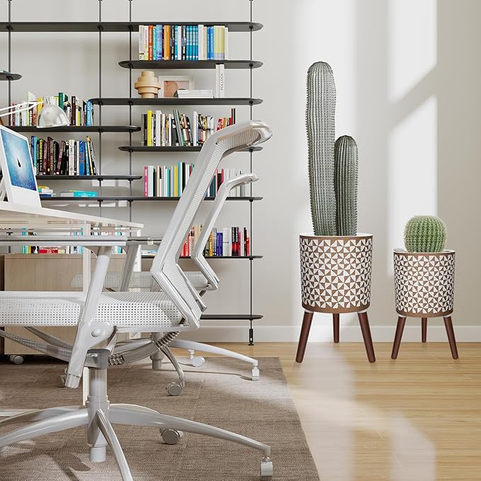 10 & 12 Inches Plant Pot with Stand, Large Modern Standing Planters for Indoor Outdoor Plants with Drainage Holes, Big Gold Floral Embossed Flower Pots with Legs-HomvellaHome