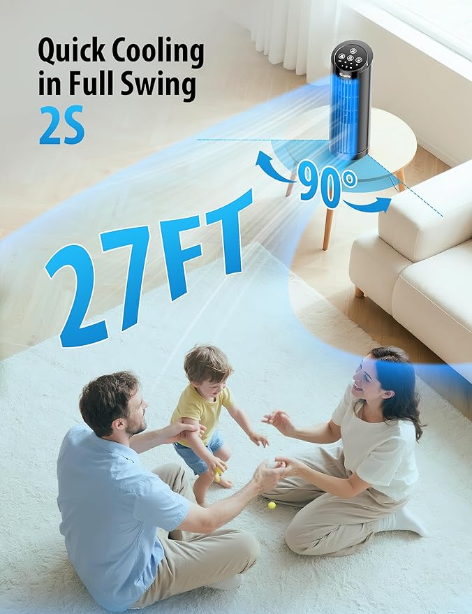 Grelife 13'' Tower Fan for Bedroom, 26dB Quiet Floor Fan with Remote, 3 Mode, 1-8H Timer, 90° Oscillating Fans for Indoors with 27ft/s Velocity, Portable Desk Table Fan for Room, Home, Office,Black-HomvellaHome