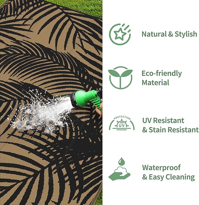 GENIMO Outdoor Rug 5' x 8' Waterproof for Patio Clearance, Reversible Plastic Straw Camping Carpet, Lightweight Mats for Rv, Backyard, Deck, Porch, Picnic, Beach, Balcony, Black & Brown-HomvellaHome