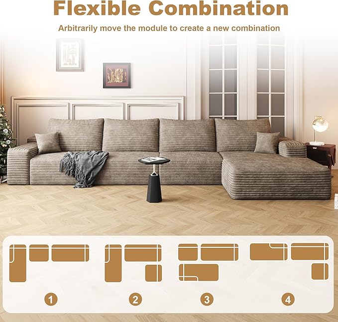 136" Sectional Couches for Living Room Modern Modular Sofa with L-Shape Couchs Upholstered Boneless Couch Deep Seat Sectional Couch with Chaise (Camel, Right Facing Chaise+3Seaters)-HomvellaHome