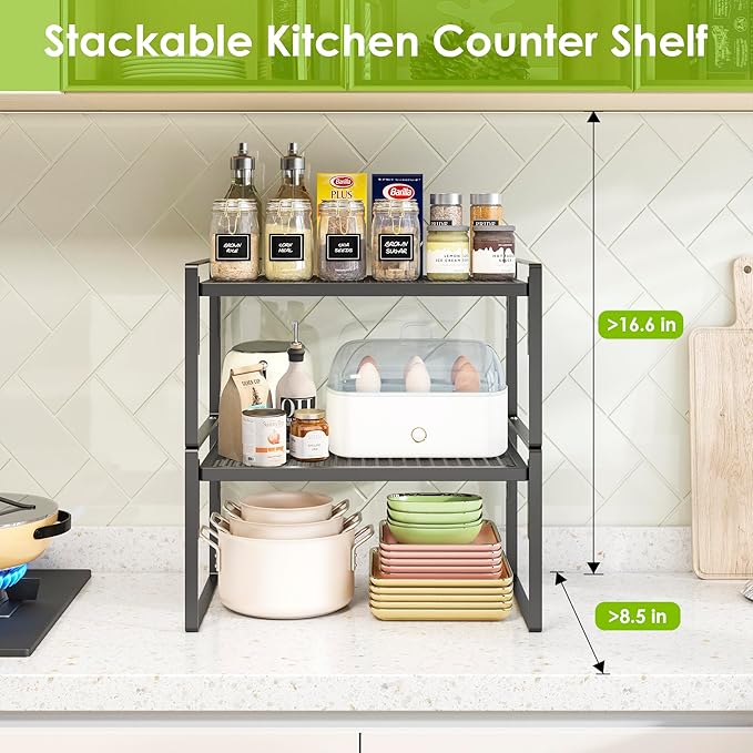 2 Pack Kitchen Countertop Organizer, Stackable Cabinet Shelf Organizer, 2 Tier Adjustable Kitchen Counter Shelves Riser For Pantry Cupboard Bathroom Organization And Storage, Desk Shelf,Spice Rack-HomvellaHome