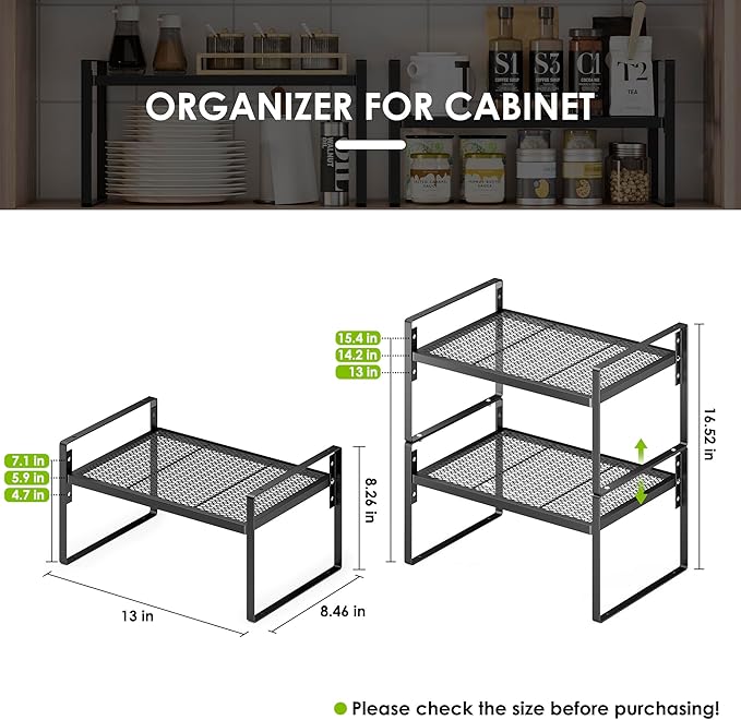 2 Pack Kitchen Countertop Organizer, Stackable Cabinet Shelf Organizer, 2 Tier Adjustable Kitchen Counter Shelves Riser For Pantry Cupboard Bathroom Organization And Storage, Desk Shelf,Spice Rack-HomvellaHome