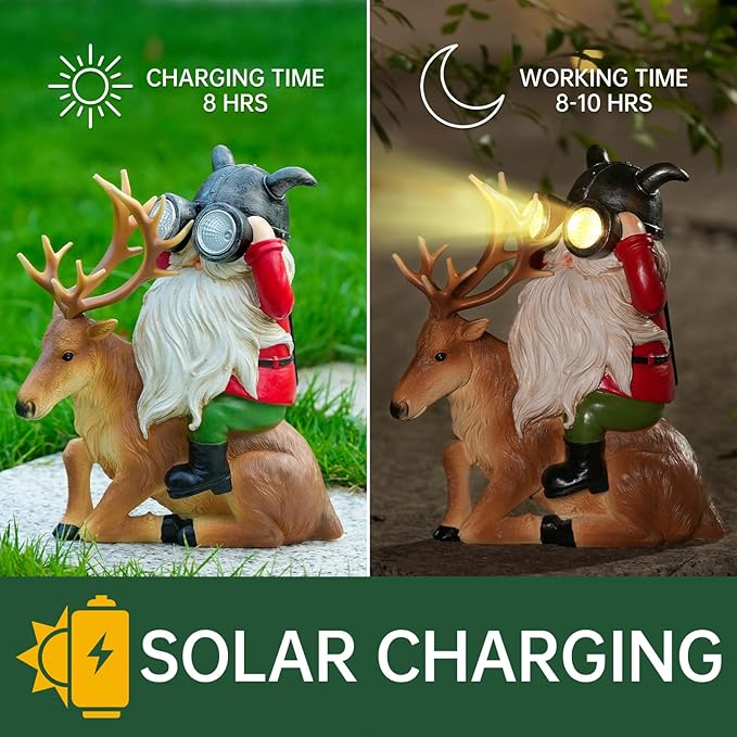 Garden Gnome Statues Resin Gnome Sitting On Deer Statues Solar Lights Outdoor Telescope Gnome Gifts for Yard, Patio Decor Gift (Deer Gnome)-HomvellaHome