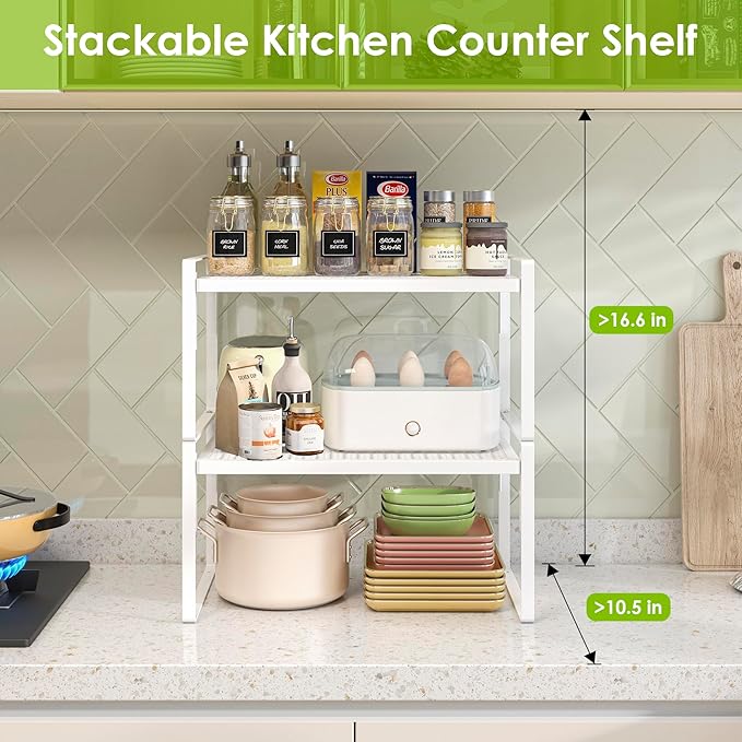 2 Pack Kitchen Countertop Organizer, Stackable Cabinet Shelf Organizer, 2 Tier Adjustable Kitchen Counter Shelves Riser For Pantry Cupboard Bathroom Organization And Storage, Desk Shelf,Spice Rack-HomvellaHome