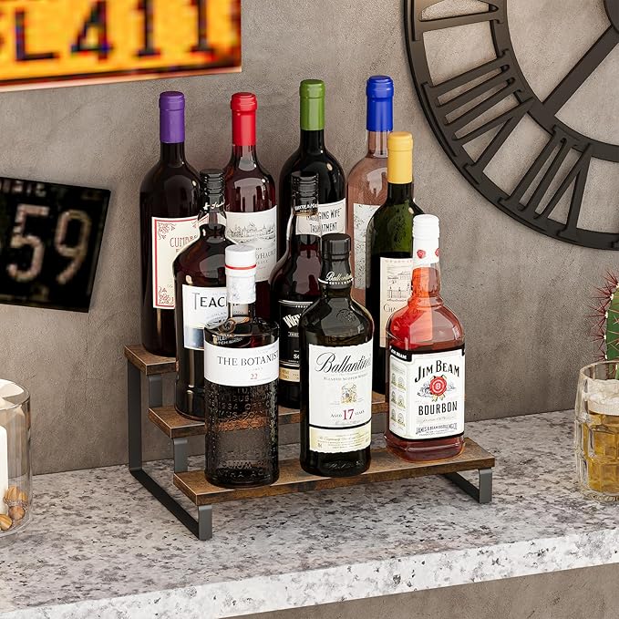 Giikin 3-Tier Spice Rack, 13.8 Inch Wood Step Shelf Countertop Spice Storage Holder, Kitchen Pantry Cabinet Organizer Cupboard for Spice Bottles, Jars, Seasonings, Baking Supplies, Metal Frame-HomvellaHome