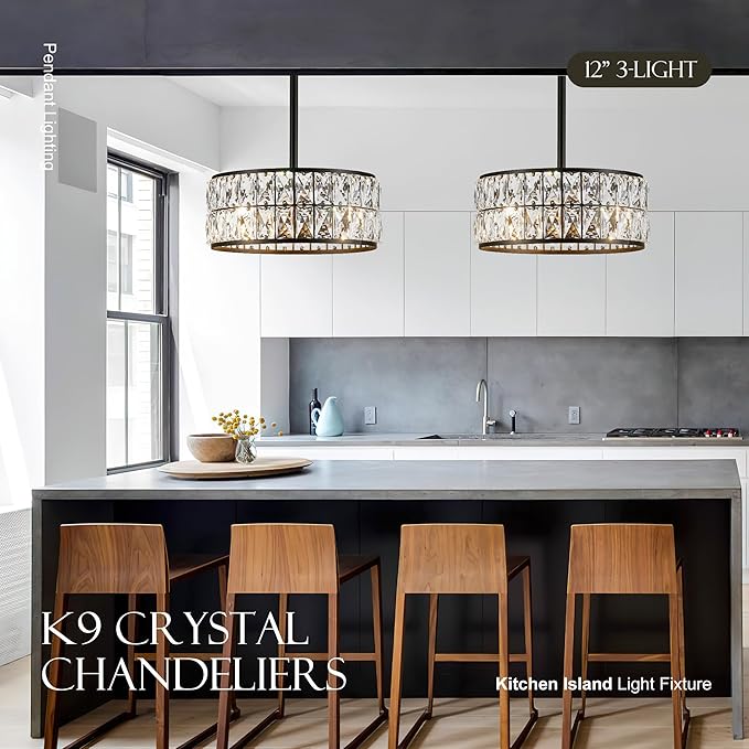 12” 3-Light Modern Crystal Chandeliers Black Dinning Room Light Fixture with Two Poles, Round Pendant Light Kitchen Island Chandelier, Flush Mount Ceiling Light for Living Room Entryway-HomvellaHome