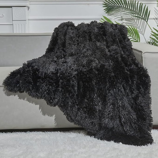 GONAAP Fuzzy Faux Fur Throw Blanket Twin Size Black Super Soft Cozy Plush Fuzzy Shaggy Blanket for Couch Sofa Bed (Black, Twin(60"x80"))-HomvellaHome