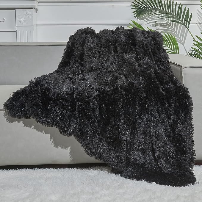 GONAAP Fuzzy Faux Fur Throw Blanket Black Super Soft Cozy Plush Fuzzy Shaggy Blanket for Couch Sofa Bed (Black, Throw(50"x60"))-HomvellaHome