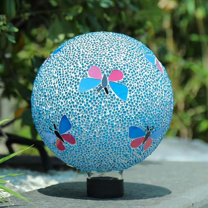 Gazing Ball 8 Inch Butterfly Glass Mosaic Garden Globe Outdoor Gazing Globe Yard Ornament for Garden Yard Home Lawn Outdoor Decoration Gift for Women (Not Solar Powered)-HomvellaHome