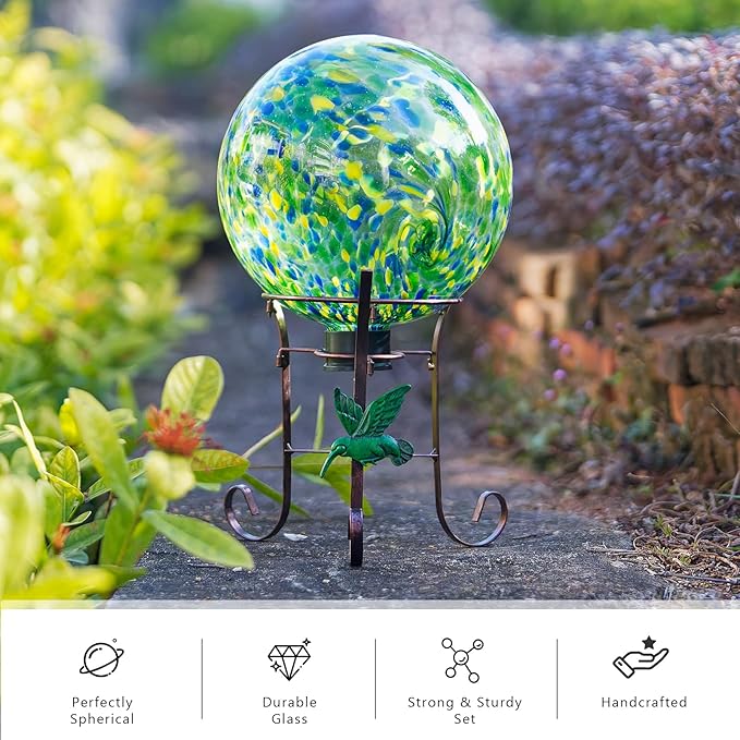 10 Inch Glass Gazing Ball, with 9.4" Tall Metal Gazing Globe Stand, Glass Balls Display Holder Set for Outdoor Garden Lawn Yard Decoration, Bright Summer Burst-HomvellaHome