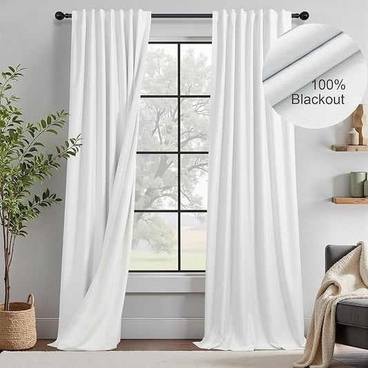 100% Blackout White Elegant Curtains 94 Inch Long 2 Panel for Living Room/Sunroom Thermal Insulated Darkening Curtains for Bedroom Windows Noise Cancelling Soundproof Farmhouse Drapes Office Back Tab-HomvellaHome