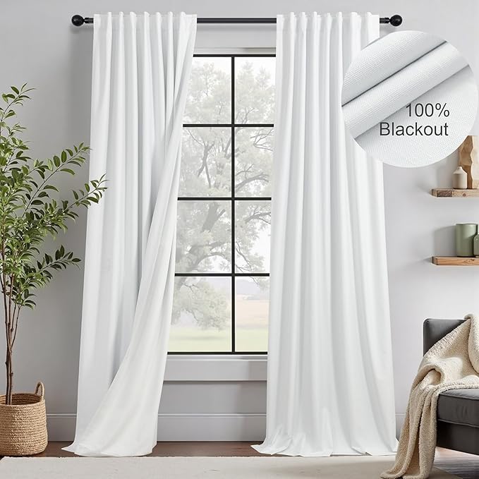 100 Inch Curtains & Drapes Window Coverings Custom Extreme Blackout Linen Curtains White Black Out Thermal Curtains for Sliding Glass Door Heavy Duty Panels 2 Back Tab Pleated 52 Inch Wide by 100 Long-HomvellaHome