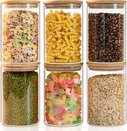 Glass Food Storage Jars 6-Pack 37oz - 4x6 in-Clear Glass Food Canisters with Bamboo Lid Airtight For Serving Tea, Coffee, Flour, Sugar, Candy, Cookie, Spice and More (Circular)-HomvellaHome