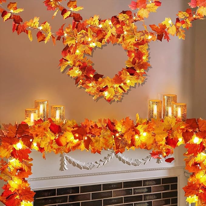 2 Pack Fall Decor Maple Leaves Garland with Lights Battery Operated Fall Thanksgiving Decorations Garland for Home Porch Front Door Table Mantle Outdoor Autumn Harvest Halloween Decor, 11.8Ft 40LED-HomvellaHome