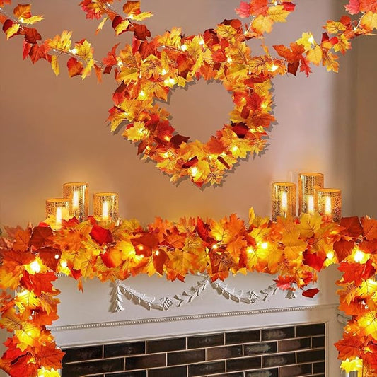 2 Pack Fall Decor Maple Leaves Garland with Lights Battery Operated Fall Thanksgiving Decorations Garland for Home Porch Front Door Table Mantle Outdoor Autumn Harvest Halloween Decor, 11.8Ft 40LED-HomvellaHome