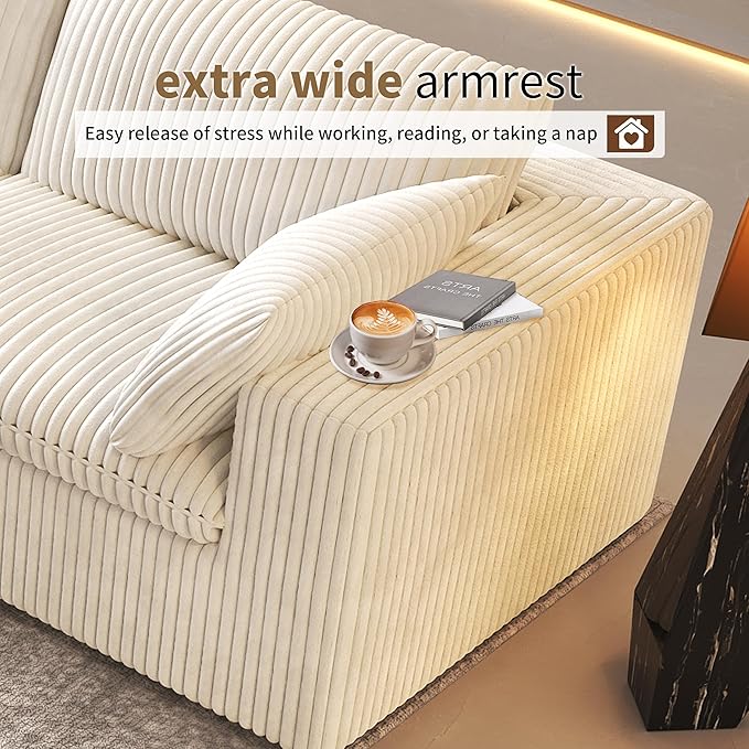 118" V Shaped Corner Modern Sofa Modular Sectional Cloud Couch,Deep Seat Upholstered Couches with Plush Corduroy Fabric for Living Room Furniture,Bedroom and Apartment,No Assembly Required,White-HomvellaHome