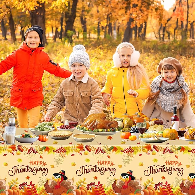 2 Pack Happy Thanksgiving Tablecloth - Fall Thanksgiving Turkey Table cloths, Disposable Plastic Rectangle Autumn Pumpkin Maple Leaf Table Cover for Thanks Giving Tables Decor Party Supplies,108x54In-HomvellaHome