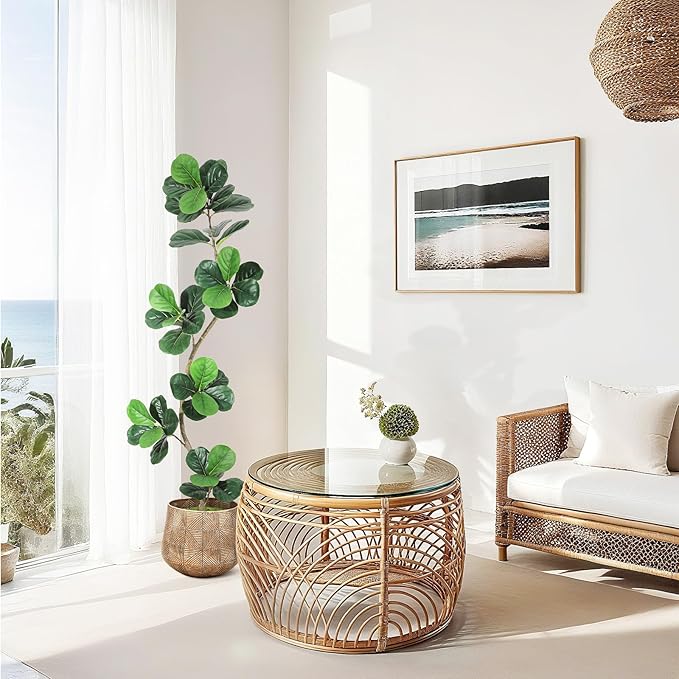 GarveeHome Fiddle Leaf Fig Artificial Tree with White Planter,6ft Faux Plants Indoor with Moss, Fake Rubber Tall Fake Floor Plant in Pot - Artificial Trees for Home Office Living Room Decor-HomvellaHome