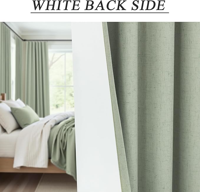 Green Country Kitchen Curtains 45 Inch Length Short Small Basement Window Blackout Cooling Curtains for Summer Heat Linen Cafe Bathroom Classroom Dorm RV Camper Sage Green Drapes with White Backing-HomvellaHome