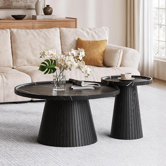 win2win Nesting Coffee Table Set of 2, Modern Coffee Table with Marble Veneer, Fluted Round Tea Table and End Table Set, Minimalist Center Tables for Living Room, Office, Black-HomvellaHome