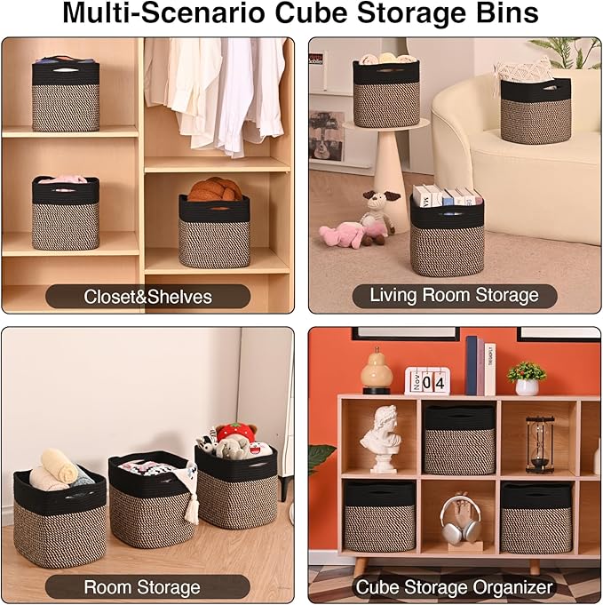 11 Inch Cube Storage Bins, Storage Cube Organizer Bins, Woven Cotton Rope Baskets for Storage, Storage Basket for Organizing Shelves, Square Baskets for Toys Nursery, Black & Jute (Pack of 3)-HomvellaHome