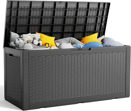 100 Gallon Resin Deck Box, Lockable Patio Outdoor Storage Box for Furniture, Garden Tools and Tools Storage, Waterproof Outside Storage Boxes - Black-HomvellaHome