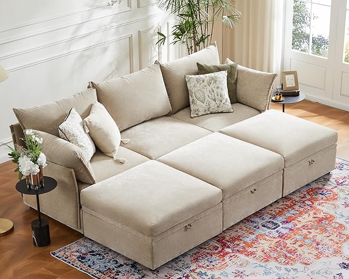 134.6" Oversized Modular Sectional Sofa, 6 Seater U Shaped Couch with Storage Ottoman with Reversible Chaise Deep Seat for Living Room, Apartment - Chenille Beige-HomvellaHome