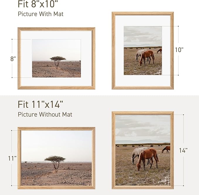 11x14 Picture Frame Natural Solid Oak Photo Frames with 8x10 Removable Mat Wall Hanging Large Handcrafted Frame with HD Plexiglass Wall and Tabletop Display Large Poster Frame-HomvellaHome