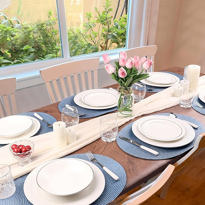 AHHFSMEI Placemats Set of 4 for Dining Table Washable Woven Vinyl Non-Slip 18x12 inches Placemat Heat-Resistant Durable Table Mats for Dining Table Easy to Clean(Light Blue 4)